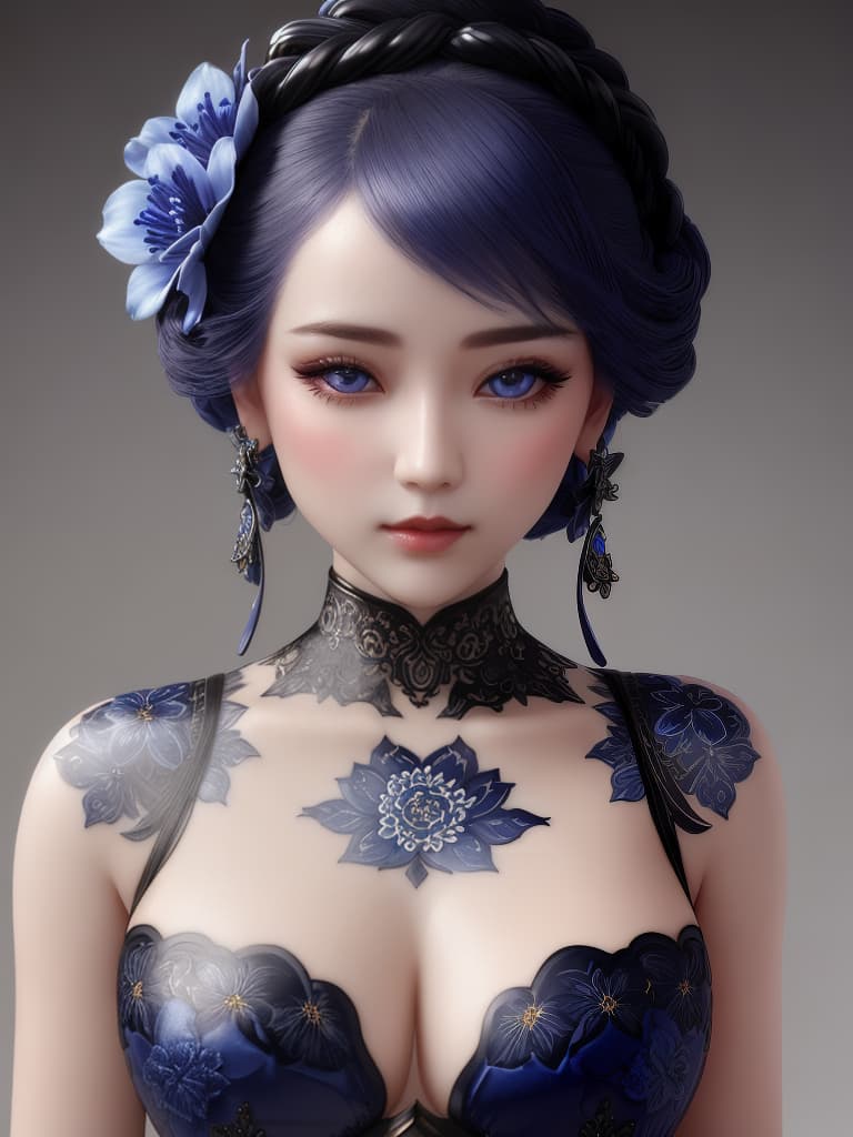  Close-up porcelain female figurine, looking to the camera, glossy surface, glaze, shiny, blue floral tattoos on her, dark gradient background, baroque dark style, hyperrealistic, CG society, intricate details