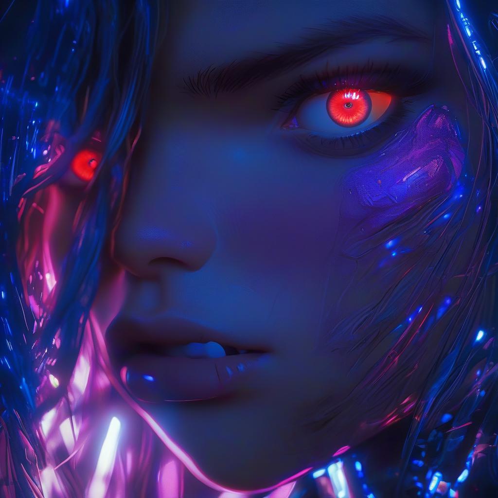  hyperrealistic art a close up of a person with blue eyes, artwork in the style of guweiz, led glowing purple eyes, oozing black goo, style of red line anime movie, cortana, sensual lighting, 1980 manga, fluorescent skin, blue bioluminescence, ahri . extremely high resolution details, photographic, realism pushed to extreme, fine texture, incredibly lifelike, oil painting, glowneon