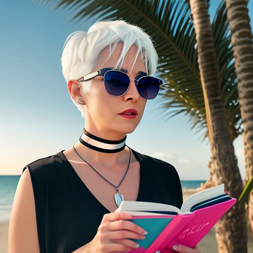  a woman with white hair, a short haircut "pixie." in sunglasses, a t shirt top, with a choker around her neck, stands against a neon sunset. in full height. in her hand holds a book. the cover reads "women's fiction." coast of the sea, shade of palm trees. digital photo. high detail. high realism.