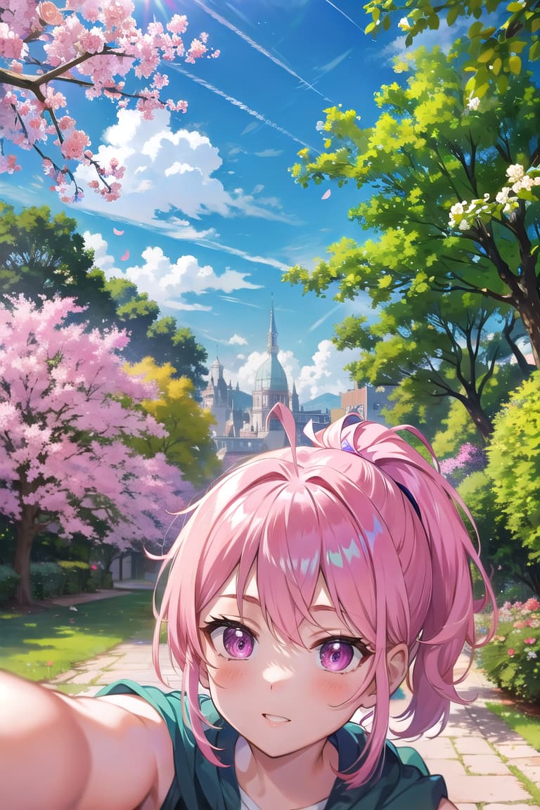  r 18, , middle , ,random situation, pink haired ,ponytail,large eyes,selfie in a botanical garden, surrounded by flowers, natural look