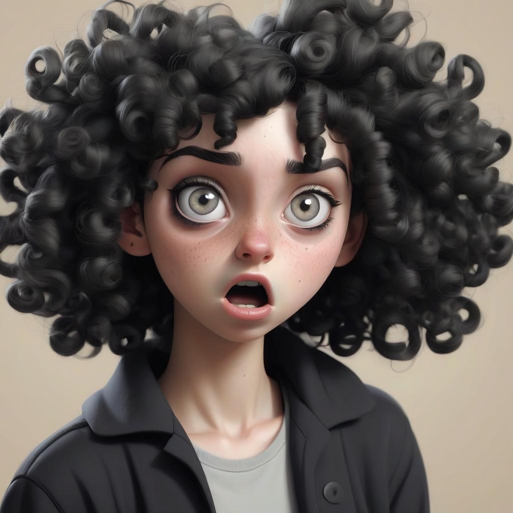  girl with black curly hair, stupid face