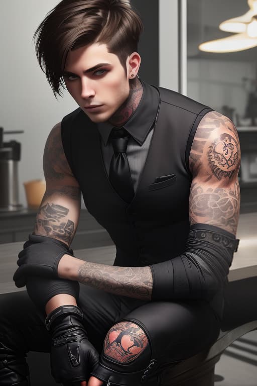  brunette guy, short hair, tattoos on his arms, vest, gloves. black pants, boots. agent