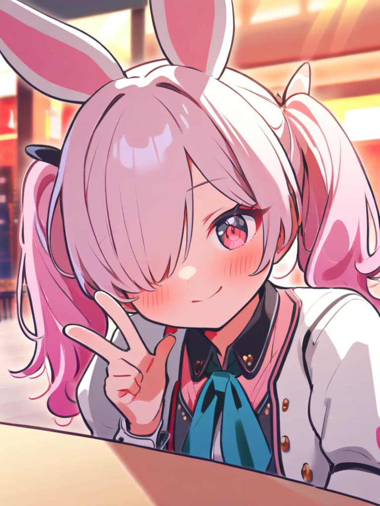  (beautiful girl:2.0)(pink hair color:2.0)(twintails:2.0)((one eye is hidden by a peace✌:2.0))( with a teheperoo😜:2.0)(( in bunny girl:2.0))(正確な指の数:2.0)masterpiece,high quality,super analysis,16k