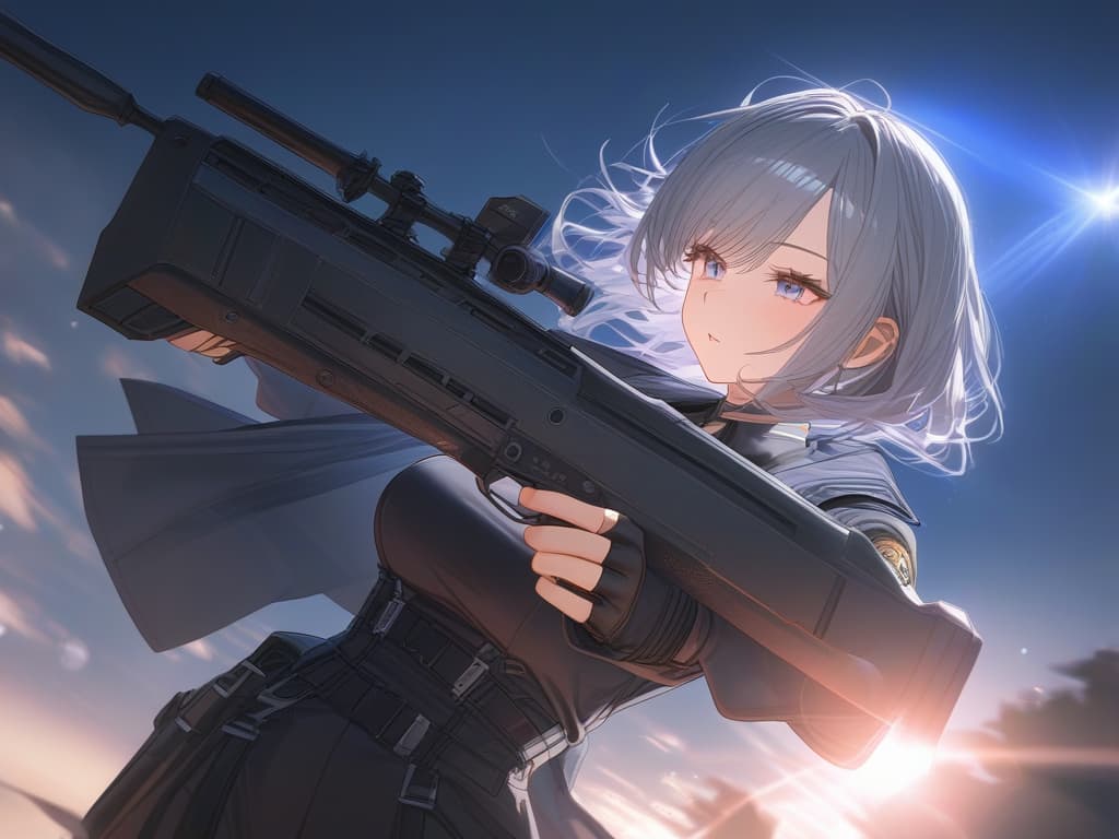  one girl, (masket (gun): 2.0), gray hair, bob cut, sacred magic, clean air, purification light, gun, (light bullet: 2.0) hyperrealistic, full body, detailed clothing, highly detailed, cinematic lighting, stunningly beautiful, intricate, sharp focus, f/1. 8, 85mm, (centered image composition), (professionally color graded), ((bright soft diffused light)), volumetric fog, trending on instagram, trending on tumblr, HDR 4K, 8K