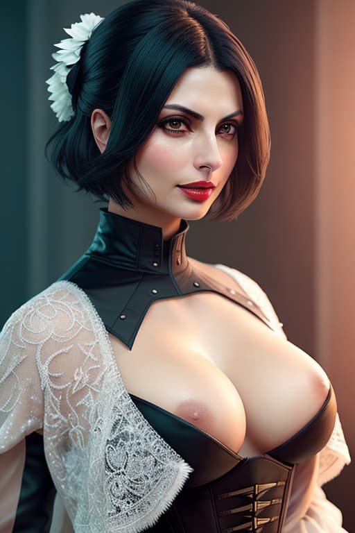  score 9, score 8 up, score 7 up, best quality, masterpiece,realistic, morena baccarin, solo, yorha no. 2 type b, puffy sleeves, dress, short hair, white hair, black dress, juliet sleeves, hairband, dark make up, breasts, deep cleavage, long sleeves, parted lips, clothing cutout, black hairband, small breasts, braless, covered eyes, mole under mouth, mole, lips, carmin red lips, belly buttton, nipples, nose, facing viewer, hair over eyes, teeth hyperrealistic, full body, detailed clothing, highly detailed, cinematic lighting, stunningly beautiful, intricate, sharp focus, f/1. 8, 85mm, (centered image composition), (professionally color graded), ((bright soft diffused light)), volumetric fog, trending on instagram, trending on tumblr, HDR 4K, 8K