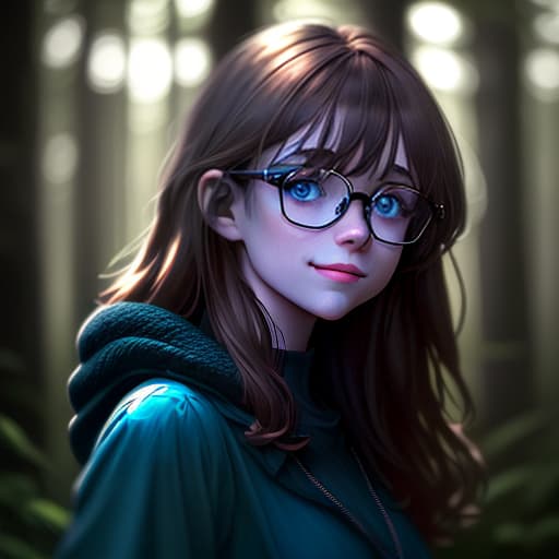  (dark shot:1.4), 80mm, create a girl. light brown hair, a snide smile, black rimmed glasses and bright blue eyes. eye color is like aquamarine. the background is something forest, soft light, sharp, exposure blend, medium shot, bokeh, (hdr:1.4), high contrast, (cinematic, teal and orange:0.85), (muted colors, dim colors, soothing tones:1.3), low saturation, (hyperdetailed:1.2), (noir:0.4)