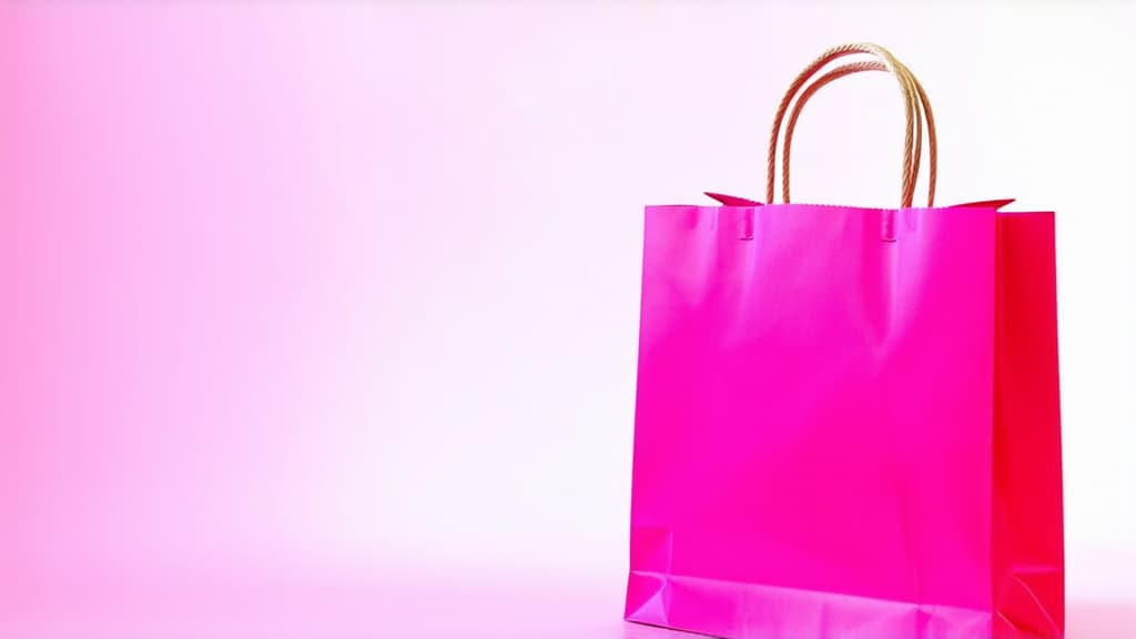  pink smooth paper shopping bag with two paper handles. lots of free space at the top and bottom. the bag is on the right in 1/3 of the picture. pink pastel background. pastel colors. 2/3 of free space on the left ar 16:9 {prompt}, maximum details