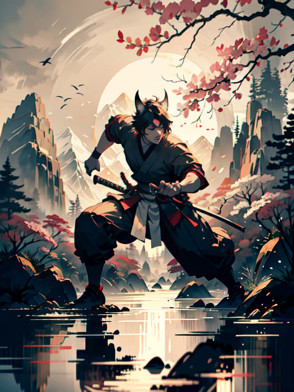  master piece, best quality, ultra detailed, highres, 4k.8k, young male samurai, demonstrating his sword skills, focused and determined, break samurai's dance, traditional japanese garden, katana, fox mask, cherry blossoms, bamboo, break solemn yet elegant, monochrome, dynamic brush strokes, white background, scenery, ink, mountains, water, trees