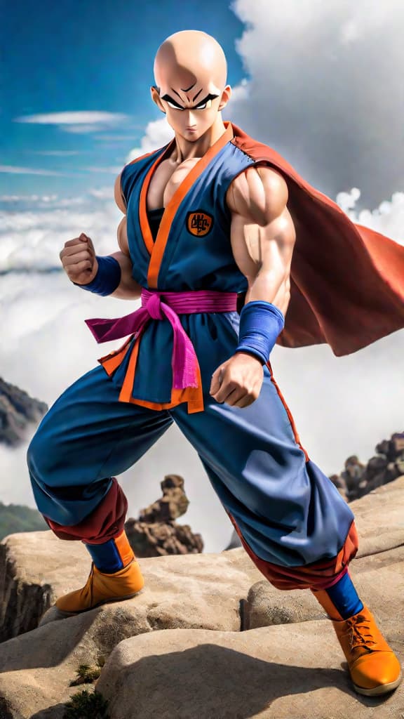  anime art: tien shinhan's groundbreaking flight at the 22nd world martial arts tournament in dragon ball. hyperrealistic, full body, detailed clothing, highly detailed, cinematic lighting, stunningly beautiful, intricate, sharp focus, f/1. 8, 85mm, (centered image composition), (professionally color graded), ((bright soft diffused light)), volumetric fog, trending on instagram, trending on tumblr, HDR 4K, 8K