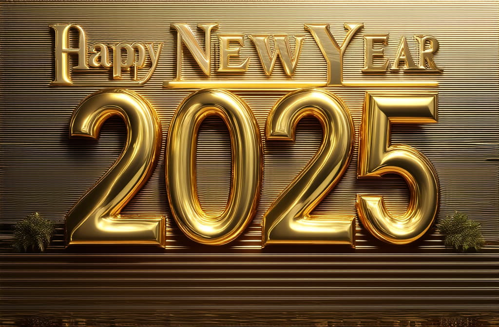  professional detailed photography, happy new year 2025 poster on golden background ar 3:2, (muted colors, dim colors, soothing tones), (vsco:0.3)