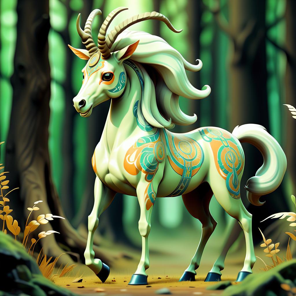  anime artwork animal, mythical animal, horse with gazelle horns in full growth, forest, horse, forest spirit animal, forest spirit, patterns, unusual color, full height, stands sideways . anime style, key visual, vibrant, studio anime, highly detailed, sticker