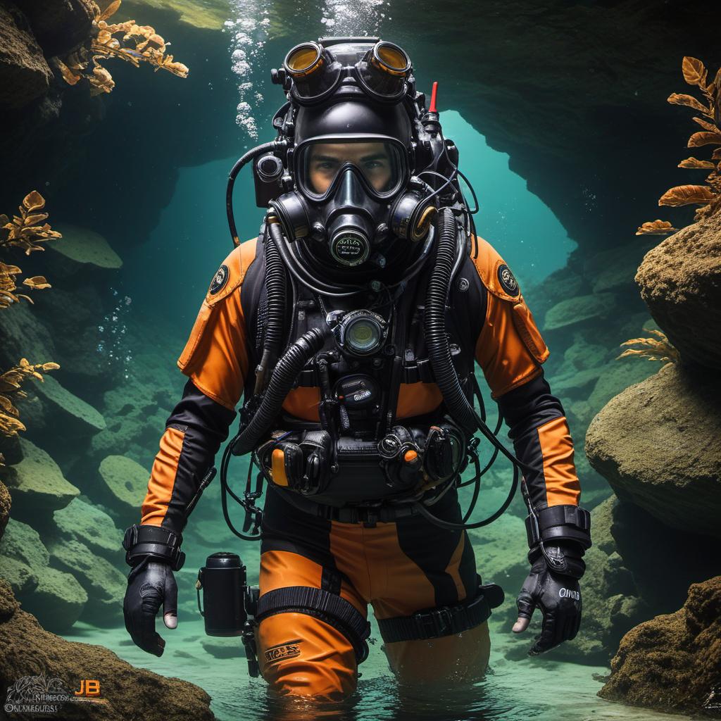  jb name, male, rebreather diver, thick loops, helmet in orange, cave diver, underwater, face view diver, fresh water, shoulder view, jb, cyberpunk style