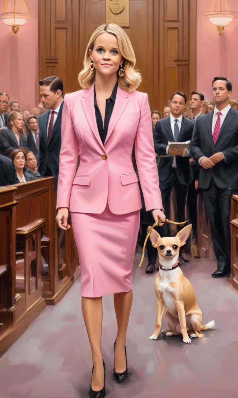  concept art color pink, white, black, gold courtroom reese witherspoon to the waist in a pink suit speaks to the judge in her arms is a chihuahua hua dog . digital artwork, illustrative, painterly, matte painting, highly detailed, perfect hands