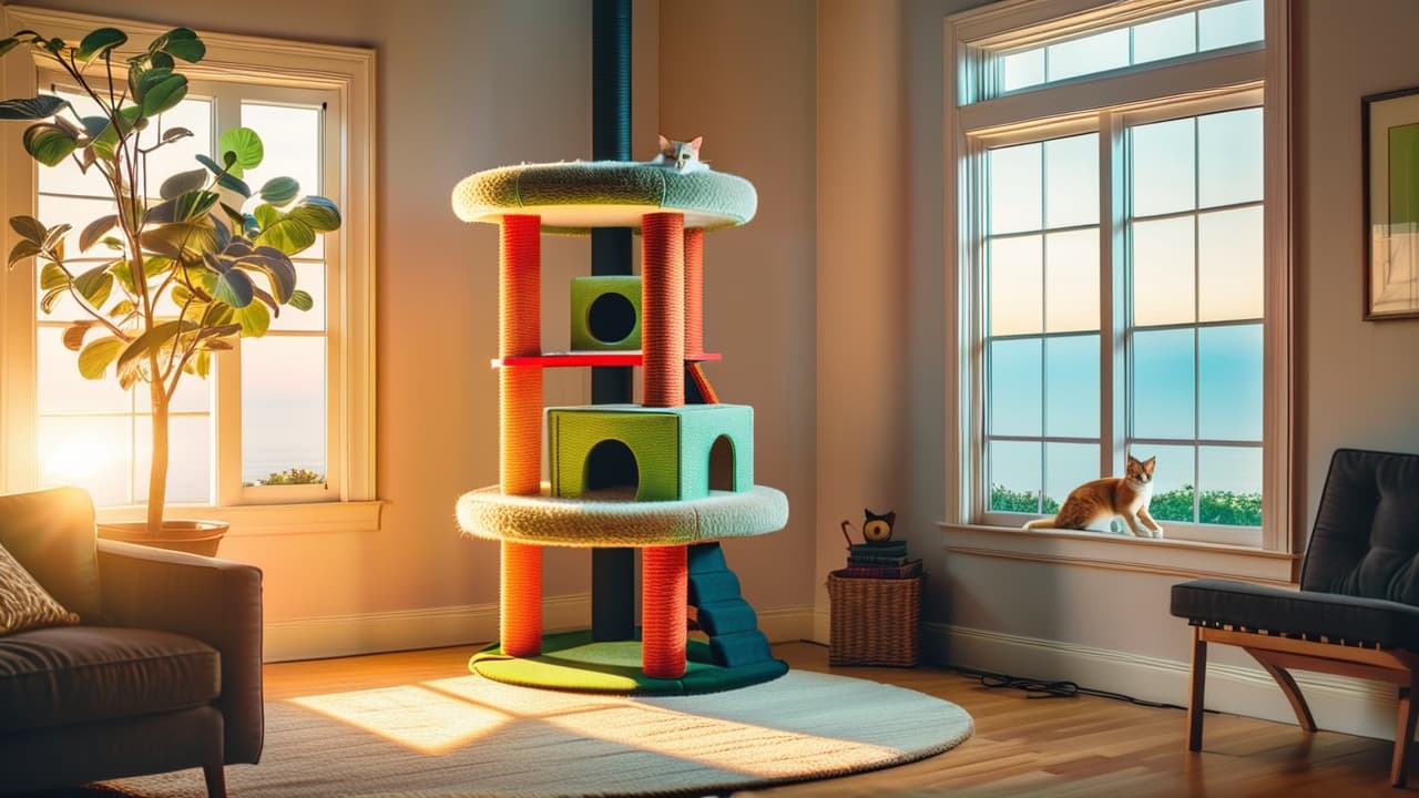  a cozy living room featuring a stylish multi level cat tower, adorned with plush fabric, sisal scratching posts, and interactive toys, surrounded by playful cats lounging and climbing, with sunlight streaming through a nearby window. hyperrealistic, full body, detailed clothing, highly detailed, cinematic lighting, stunningly beautiful, intricate, sharp focus, f/1. 8, 85mm, (centered image composition), (professionally color graded), ((bright soft diffused light)), volumetric fog, trending on instagram, trending on tumblr, HDR 4K, 8K