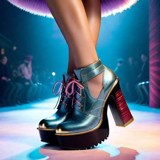  Create a photorealistic digital illustration of a women’s winter shoe with balanced parts, ornate soles, mid height platform heel, and covered in soft, luxurious textured materials. The art style should blend elements of Irregular Choice, Buffalo London, Naoko Takeuchi and Osamu Tezuka hyperrealistic, full body, detailed clothing, highly detailed, cinematic lighting, stunningly beautiful, intricate, sharp focus, f/1. 8, 85mm, (centered image composition), (professionally color graded), ((bright soft diffused light)), volumetric fog, trending on instagram, trending on tumblr, HDR 4K, 8K