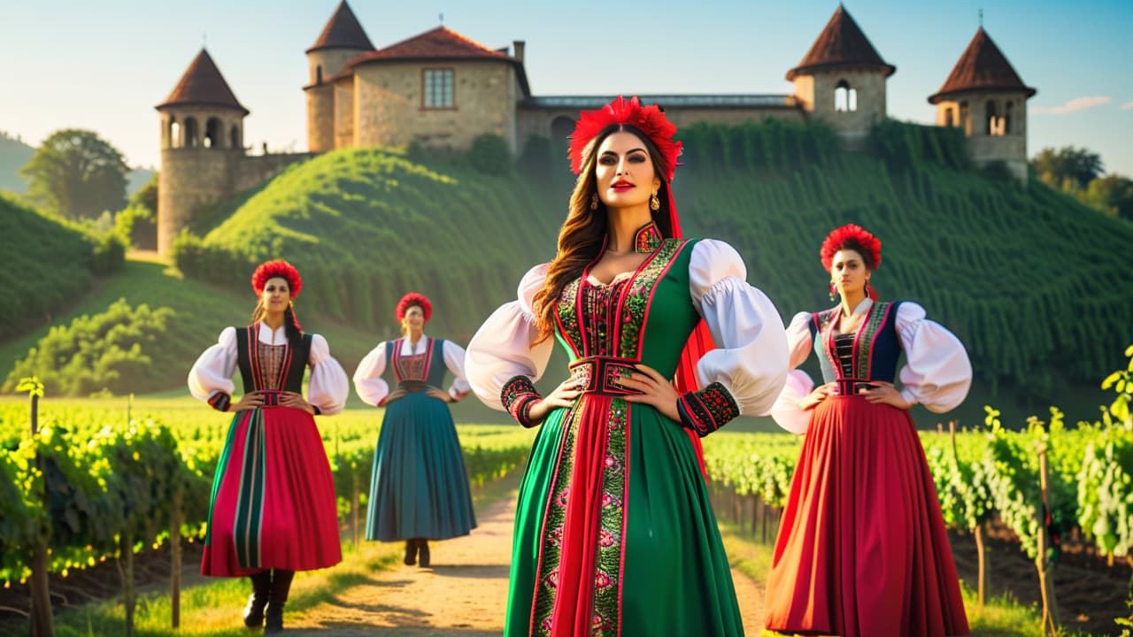  a vibrant scene of traditional georgian dancers in colorful costumes, surrounded by ancient architecture, lush vineyards, and a festive table adorned with local cuisine, showcasing the rich cultural heritage and hospitality of georgia. hyperrealistic, full body, detailed clothing, highly detailed, cinematic lighting, stunningly beautiful, intricate, sharp focus, f/1. 8, 85mm, (centered image composition), (professionally color graded), ((bright soft diffused light)), volumetric fog, trending on instagram, trending on tumblr, HDR 4K, 8K