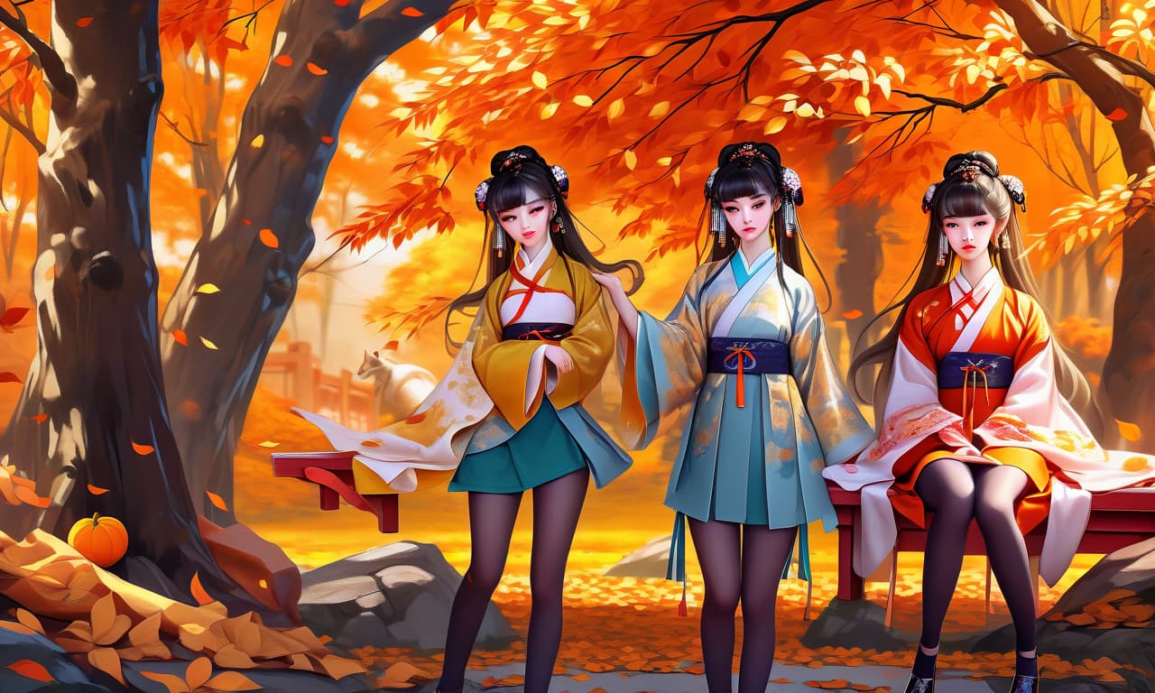  a real masterpiece. painting. three beautiful chinese girls in hanfu, looking into the camera on the middle general plan, in the garden, against the background of fallen orange leaves. a wide autumn background with trees. fantasy style, closer to realism