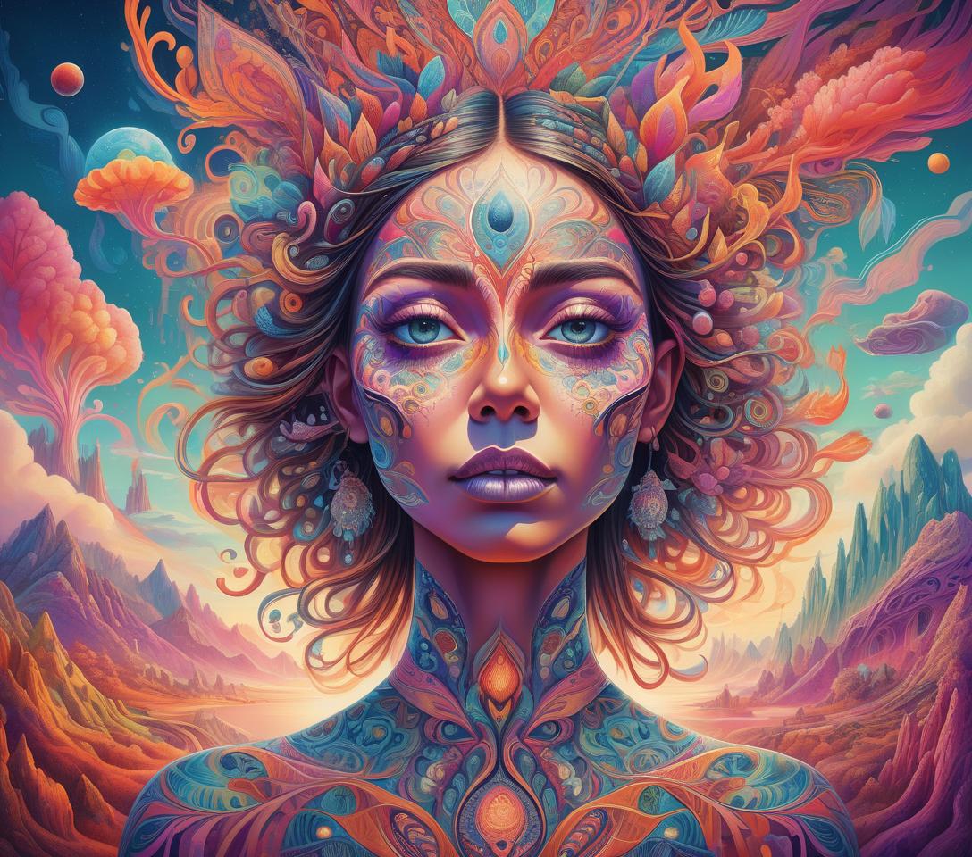  a psychedelic, visionary portrait of a woman with intricate, colorful facial features and patterns, set against a fantastical, surreal landscape with vibrant hues, organic shapes, and a dreamlike, ethereal quality. inspired by the styles of visionary artists, digital art, and psychedelic imagery. highly detailed, photorealistic, and cinematic in execution.