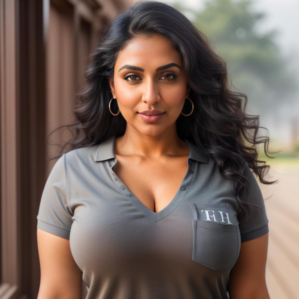  (((realistic full torso frontal head shot of a light brown to medium brown skin tone woman))), bhavna vera bhattacharya, ((indian heritage)), immature face, blue eye color, ((wavy hair style)), ((black hair color)), ((curvy body type)), big size, size, (immature broad rounded nose), (immature defined cheekbones), (immature soft jawline), (immature medium lips), (immature wide forehead), (immature natural eyebrows), (immature dimpled chin), standing straight looking directly into the camera,((wearing fitted polo shirt with deep v neck and monogrammed pocket)), backyard in background, 1, best quality, highest quality, award winning photo, masterpiece, raw, professional photography, photorealism, sharp focus, cinemat hyperrealistic, full body, detailed clothing, highly detailed, cinematic lighting, stunningly beautiful, intricate, sharp focus, f/1. 8, 85mm, (centered image composition), (professionally color graded), ((bright soft diffused light)), volumetric fog, trending on instagram, trending on tumblr, HDR 4K, 8K