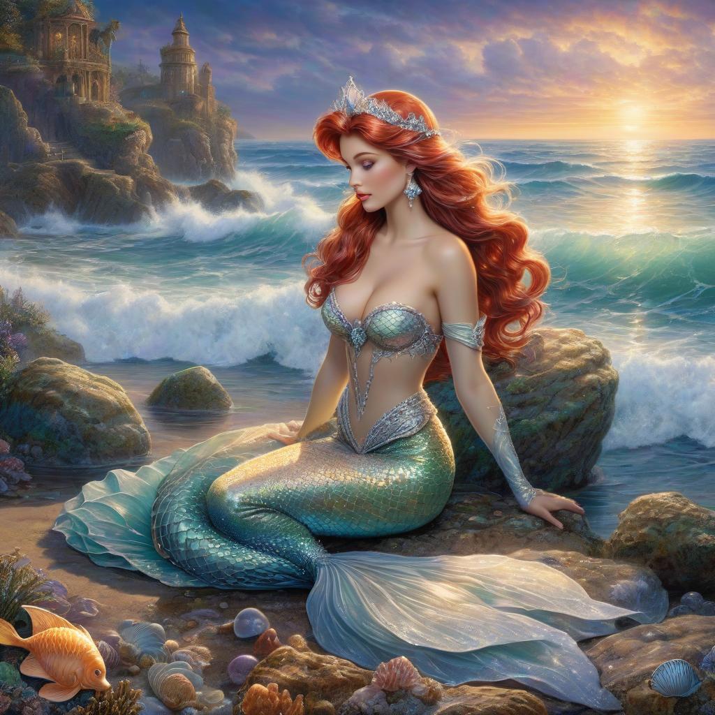  ethereal fantasy concept art of (the little mermaid: 1.4) with a shell, inside of which a small pearl in silver with a silver tail sits on a stone on the seashore, fairy tale, fantasy (josephine wall) . magnificent, celestial, ethereal, painterly, epic, majestic, magical, fantasy art, cover art, dreamy hyperrealistic, full body, detailed clothing, highly detailed, cinematic lighting, stunningly beautiful, intricate, sharp focus, f/1. 8, 85mm, (centered image composition), (professionally color graded), ((bright soft diffused light)), volumetric fog, trending on instagram, trending on tumblr, HDR 4K, 8K