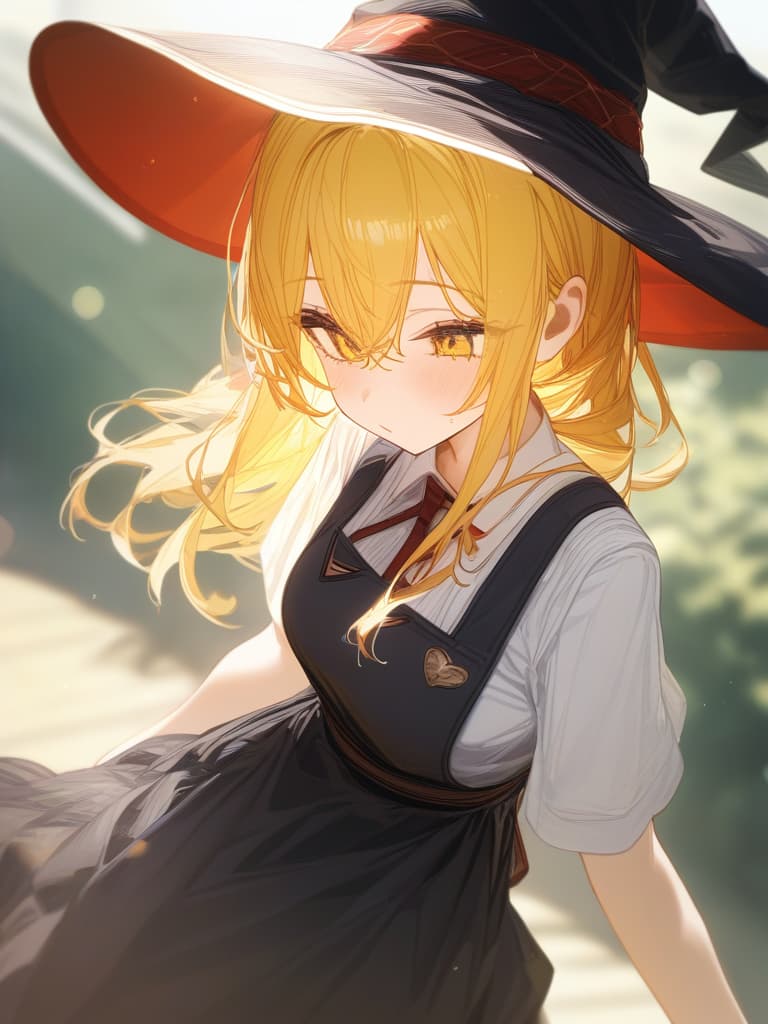  yellow hair, witch hat, apron, black clothes, masterpiece, best quality,8k,ultra detailed,high resolution,an extremely delicate and beautiful,hyper detail