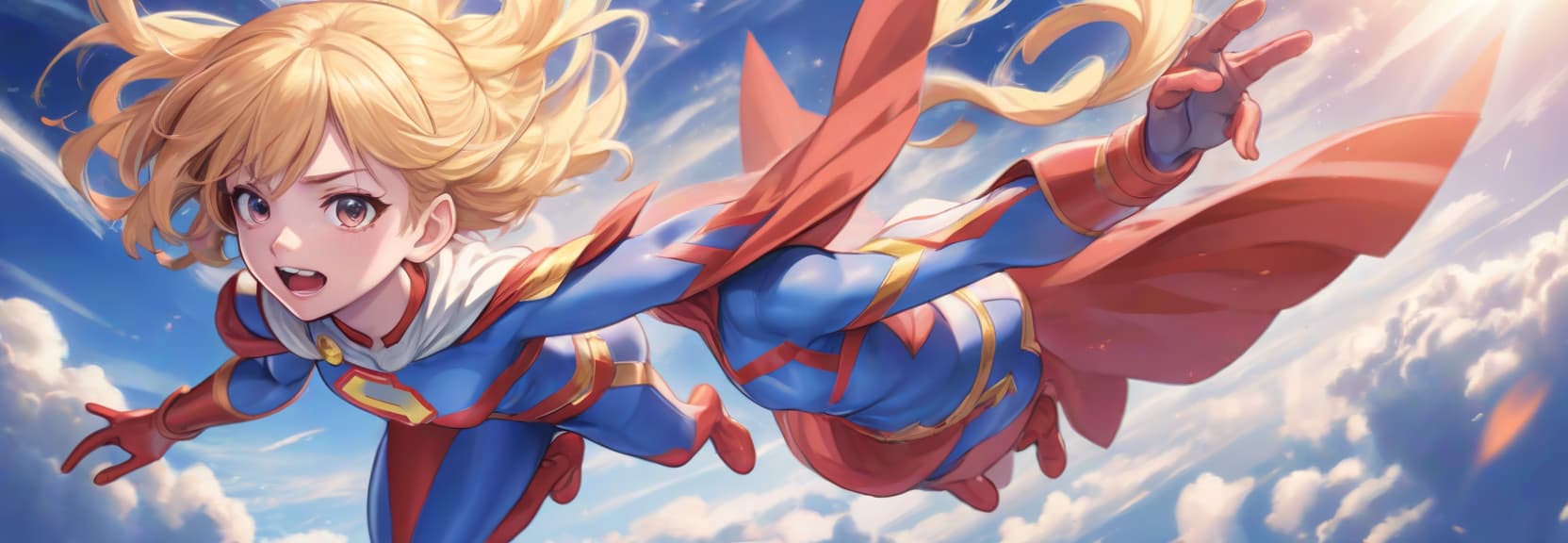  anime artwork dynamic a superhero girl is flying through the sky with one hand looking forward . anime style, key visual, vibrant, studio anime, highly detailed