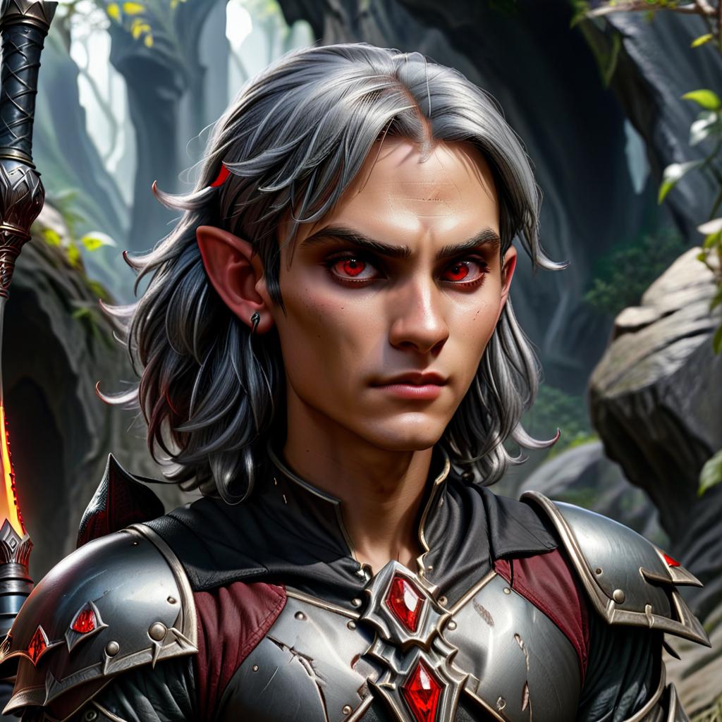  renaissance style drow male elf cleric, dark grey graphite color skin, red eyes, silver medium haircut, black leather armor, battle mace, impudent arrogant rude grimace, travelers shoulder bag, half body view, dark cave . realistic, perspective, light and shadow, religious or mythological themes, highly detailed, civitai