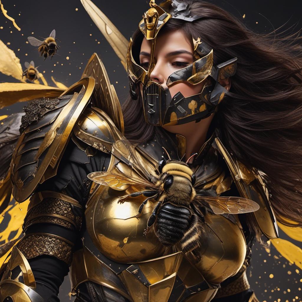  honey bee with black and gold armour in a battlefield dripping with honey and blood, long brown hair and classically pretty, victorious yet friendly , profile image style