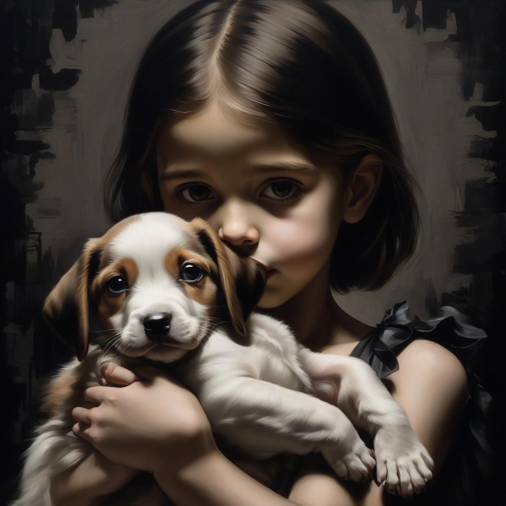  masterpiece. a girl on a black background. a girl with a puppy. graphic painting.