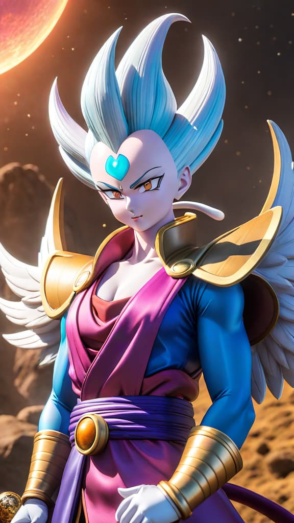  anime art: whis, the angel attendant of universe 7 and mentor to beerus from dragon ball super. hyperrealistic, full body, detailed clothing, highly detailed, cinematic lighting, stunningly beautiful, intricate, sharp focus, f/1. 8, 85mm, (centered image composition), (professionally color graded), ((bright soft diffused light)), volumetric fog, trending on instagram, trending on tumblr, HDR 4K, 8K