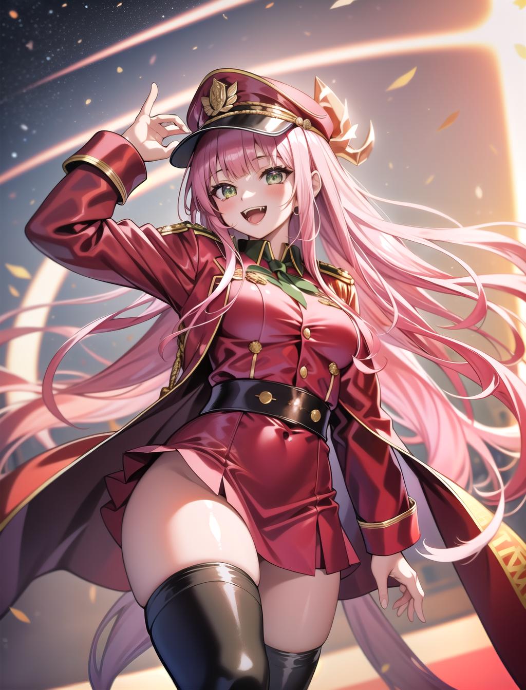  masterpiece, best quality, 1 girl, zero two, long straight pink hair, fangs, crazy smile, green eyes, all red military jacket with officer cap, long red thin straight horns, thigh highs