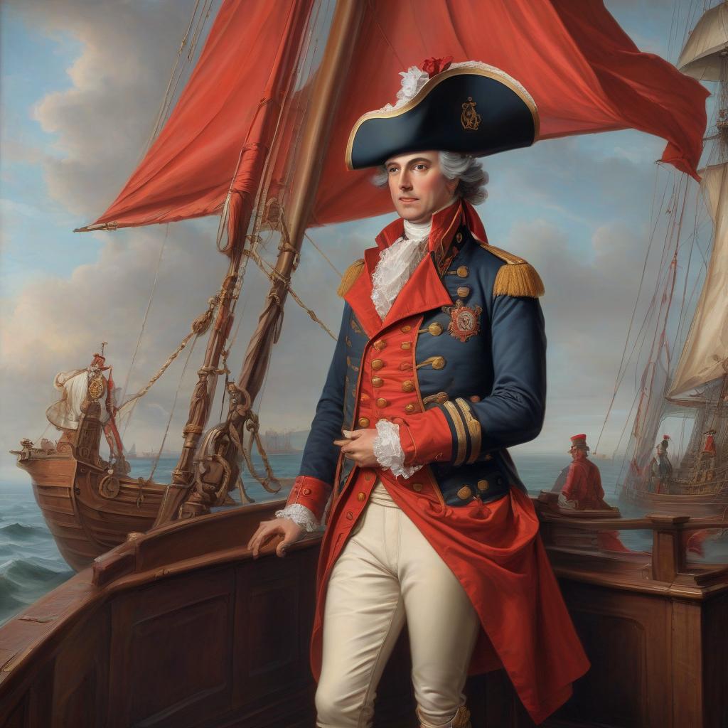  nautical themed brigantine with scarlet sails, on the bridge captain gray, early rococo , oil on canvas, high image quality . sea, ocean, ships, maritime, beach, marine life, highly detailed