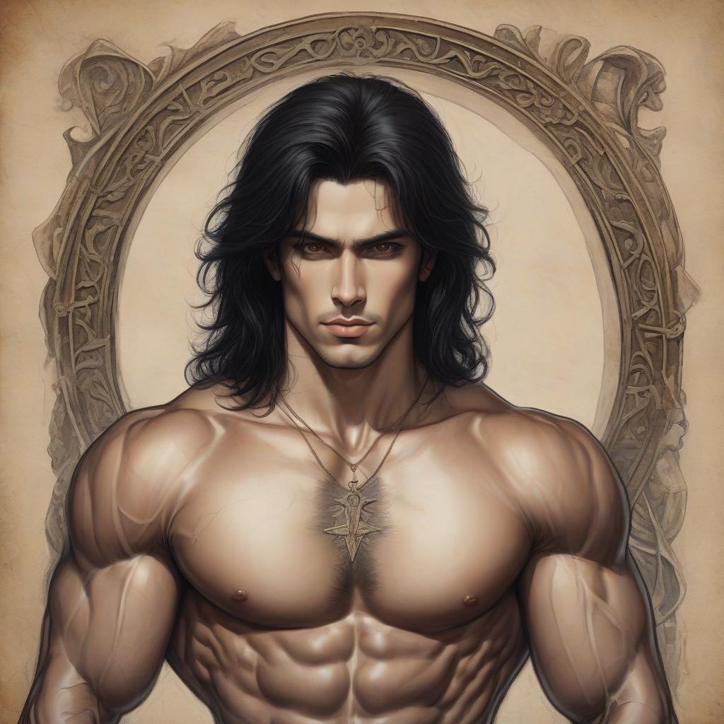  draw a guy with black hair long under a frame 19 years brown eyes light skin muscular in the medieval style of drawing