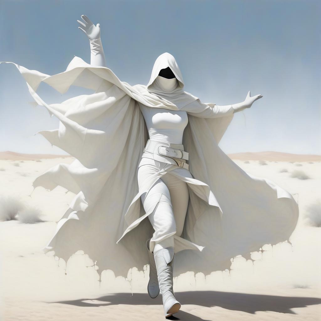  a very thin girl with thin legs, with a black spot instead of a face, with a white scarf on the lower part of her face, in a white suit of white bandages, in white sleeves, in white gloves with natural fingers, in a white ragged cloak, with large round holes throughout the area of the cloak, in laced grey shoes. hands up. a pointed hood. large square silver buckles. three wide belts on the belt. gray laced shoes.