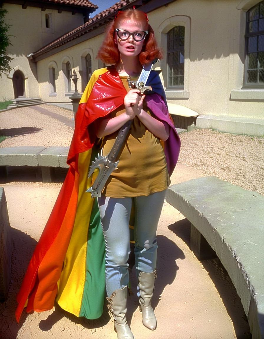  dvd screengrab, girl with red hair and glasses from 1982 dark fantasy film, "excalibur"