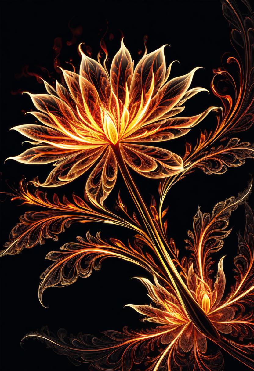  thin, fine fractal gloss vivid fire line ink sketch on the black background, (silhouette of flower:1.3), fire contours outlines, fire outline, fire flower in full height,