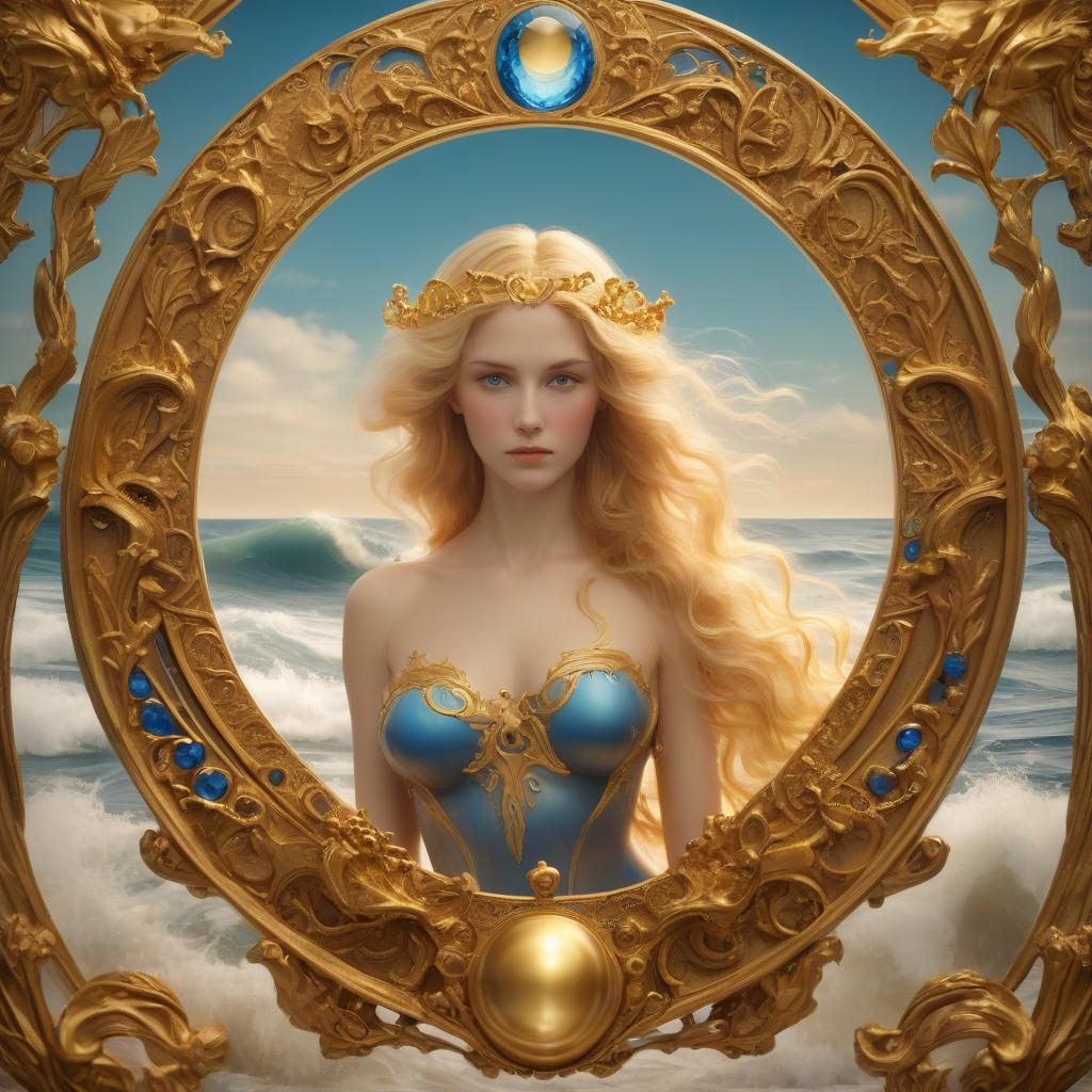  cinematic film still 1️ a golden border with blue gems and an illustration of the goddess venus surrounded by sea waves, with golden ornaments around her in art nouveau style. in the background there is a beautiful ocean landscape. high resolution, 30kb. . shallow depth of field, vignette, highly detailed, high budget, bokeh, cinemascope, moody, epic, gorgeous, film grain, grainy