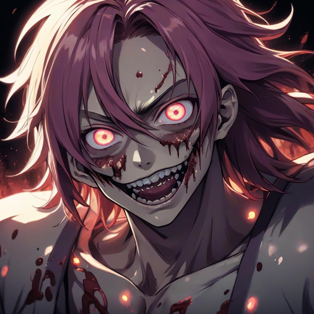  close up of a man with glowing eyes, colored manga, grin, terrifying beautiful atmosphere, toko fukawa, dark background, epic horror cover, crazy nightmare, , dark academy aesthetics, the beginning of anime, very [detailed] , beautiful zombie, long glowing multicolored hair