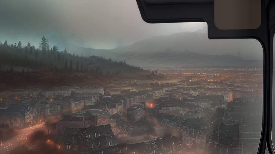  (dark shot:1.1), epic realistic, draw me a modern day town with a view from the train, faded, (neutral colors:1.2), (hdr:1.4), (muted colors:1.2), hyperdetailed, (artstation:1.4), cinematic, warm lights, dramatic light, (intricate details:1.1), complex background, (rutkowski:0.66), (teal and orange:0.4)