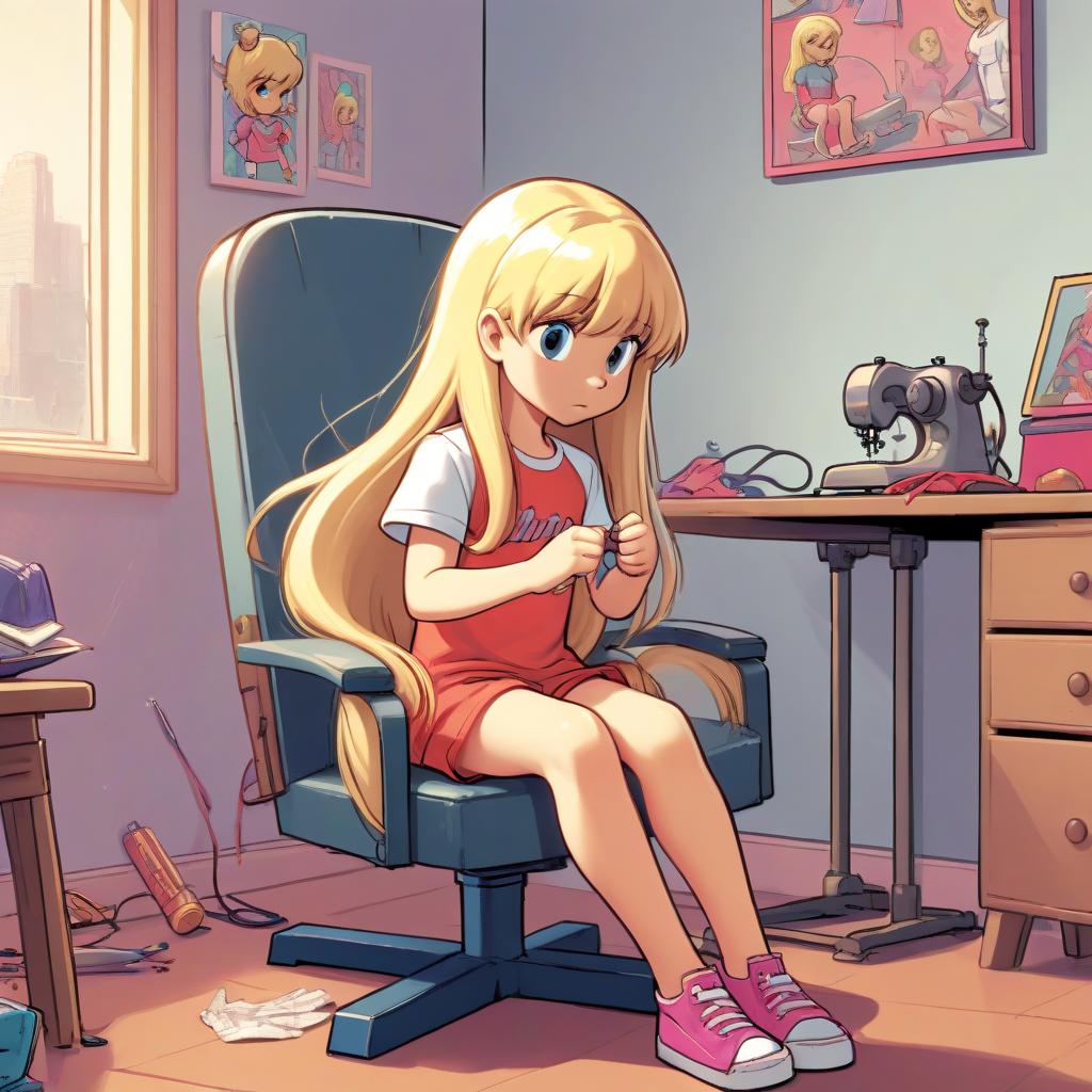  colored comic book image: a little girl with long and blonde hair gathered in a tail, dressed in a t shirt and shorts, sits on a chair in a room and sews a dress.