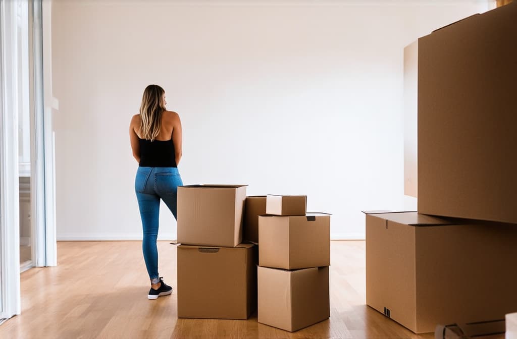  professional detailed photography, a woman stands in an empty apartment, paper boxes on the floor, moving. bright room ar 3:2, (muted colors, dim colors, soothing tones), (vsco:0.3)