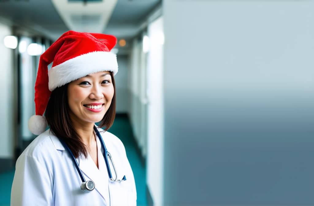  asian woman doctor in santa hat in hospital corridor on left, atmospheric, on right space for text ar 3:2, (natural skin texture), highly detailed face, depth of field, hyperrealism, soft light, muted colors