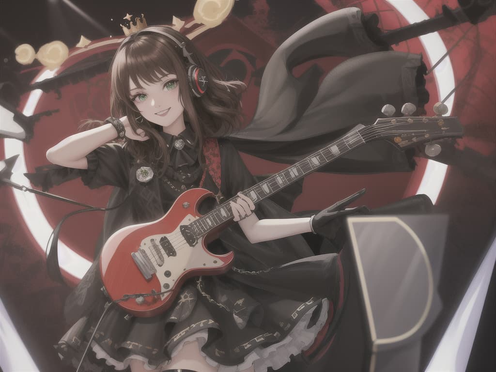  absurdres,highres,BREAKidol girl with headphones on stage,royal crown on side of head,black and red Gothic rock outfits,Crown pattern on headphones,rocker girl ,guitar,tada riina,brown hair,green eyes,short hair,bangs,smile, masterpiece, best quality,8k,ultra detailed,high resolution,an extremely delicate and beautiful,hyper detail