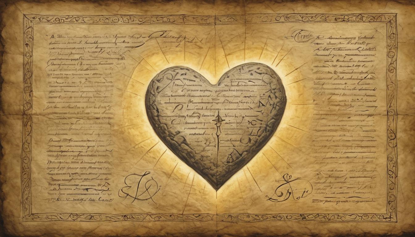  on parchment, surrealism++, fractured stone tablet with glowing ancient script, an illuminated heart hovering above it, ethereal light surrounding it, examination, core essence(mysterious, provocative, symbolic)++