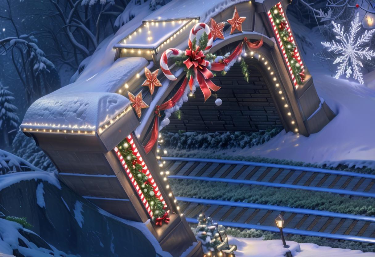  breathtaking christmas decoration on train tunnel arch . award winning, professional, highly detailed, civitai