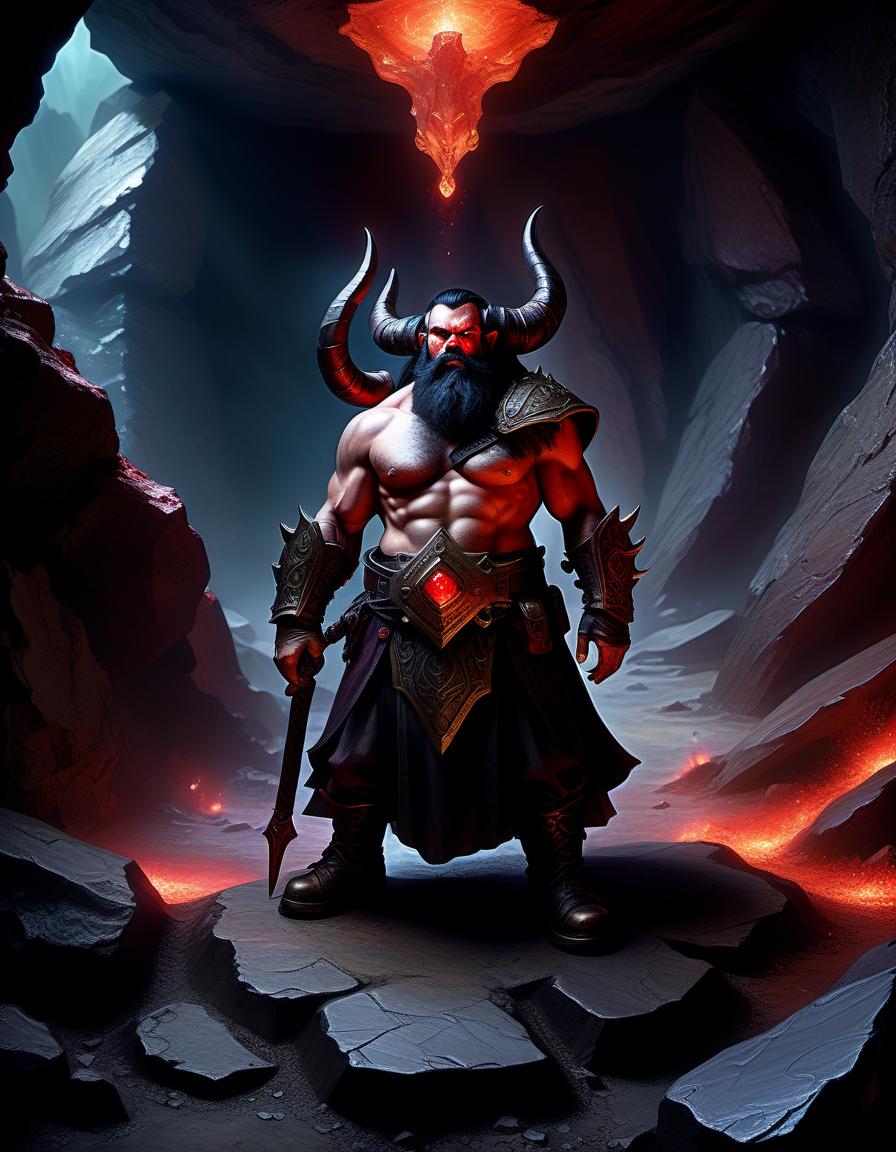  role playing game (rpg) style fantasy portrait of dwarf with black hair, black beard, black horns, red skin, demonic eyes in the underground base of a deep rock galaxy mining company . detailed, vibrant, immersive, reminiscent of high fantasy rpg games, oil painting, hkmagic