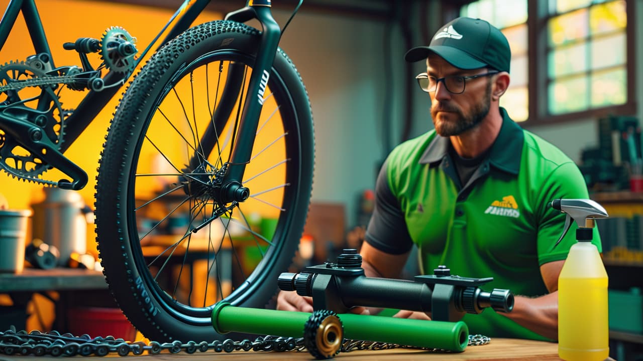  a bicycle on a repair stand surrounded by tools, with a close up of a mechanic inspecting gears, cleaning chain, inflating tires, and checking brakes, all set in a bright, organized workshop atmosphere. hyperrealistic, full body, detailed clothing, highly detailed, cinematic lighting, stunningly beautiful, intricate, sharp focus, f/1. 8, 85mm, (centered image composition), (professionally color graded), ((bright soft diffused light)), volumetric fog, trending on instagram, trending on tumblr, HDR 4K, 8K