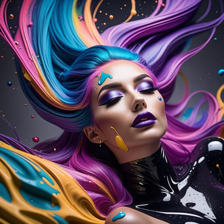  photo of a beautiful goth girl with thick flowing (liquid paint rainbow hair:1.1) laying on her back made of paint and defies gravity, from above, highly detailed, intricate, amazing, trending, paint splatter, paint drops <lora:sdxlpaintsplash:0.7> colorsplash 8k, high quality, photo hyperrealistic, full body, detailed clothing, highly detailed, cinematic lighting, stunningly beautiful, intricate, sharp focus, f/1. 8, 85mm, (centered image composition), (professionally color graded), ((bright soft diffused light)), volumetric fog, trending on instagram, trending on tumblr, HDR 4K, 8K