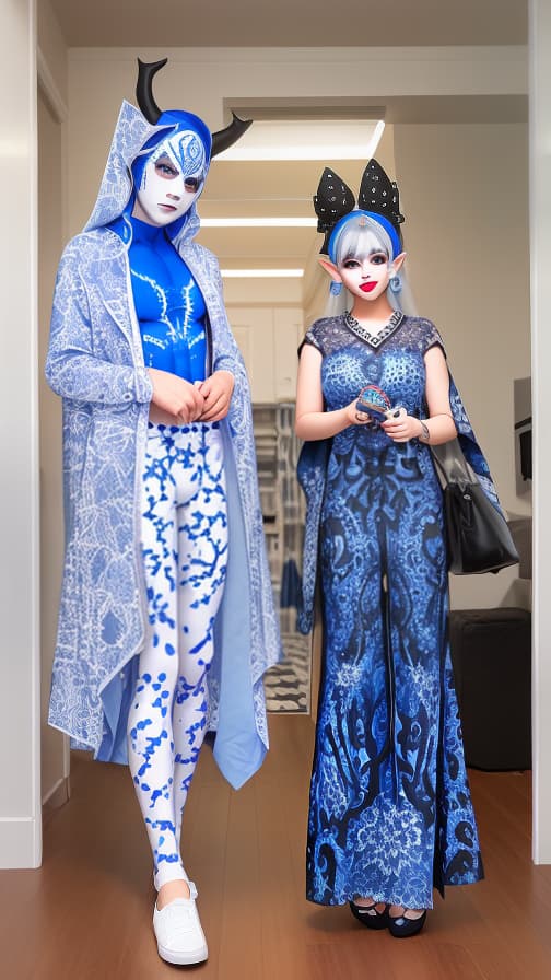  Blue and White Spider-patterned body paint in every corner of the whole body, full-body, Black body paint,Silver face paint on the face,Two elfs 女性