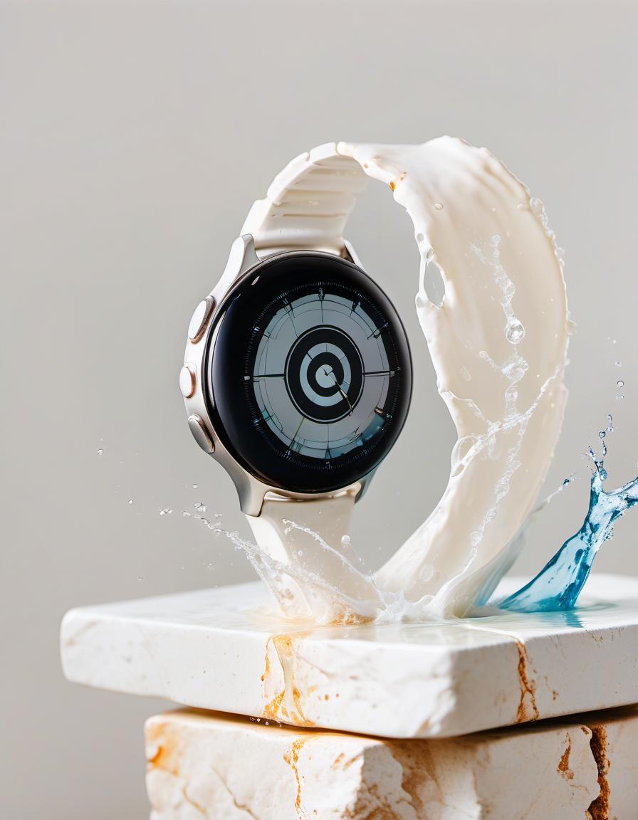  smart watch on white stone, in the background splashing water, light background, film photography style